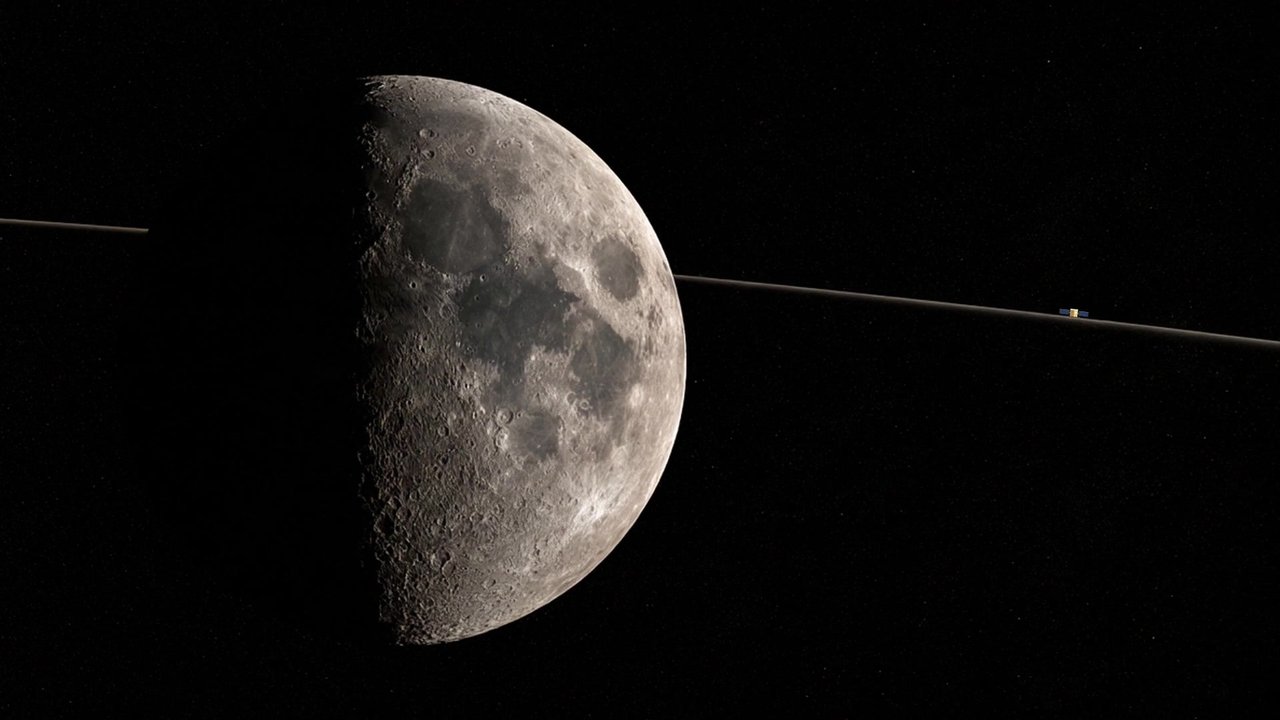 The Moon in half light, crossed by a thin orbit line with a small spacecraft on it.